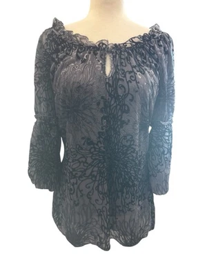 Top de Terciopelo Campesino Coqueta De Colección Gris Negro Flocado Volantes Cachichino Pequeño Foto 1 de 4