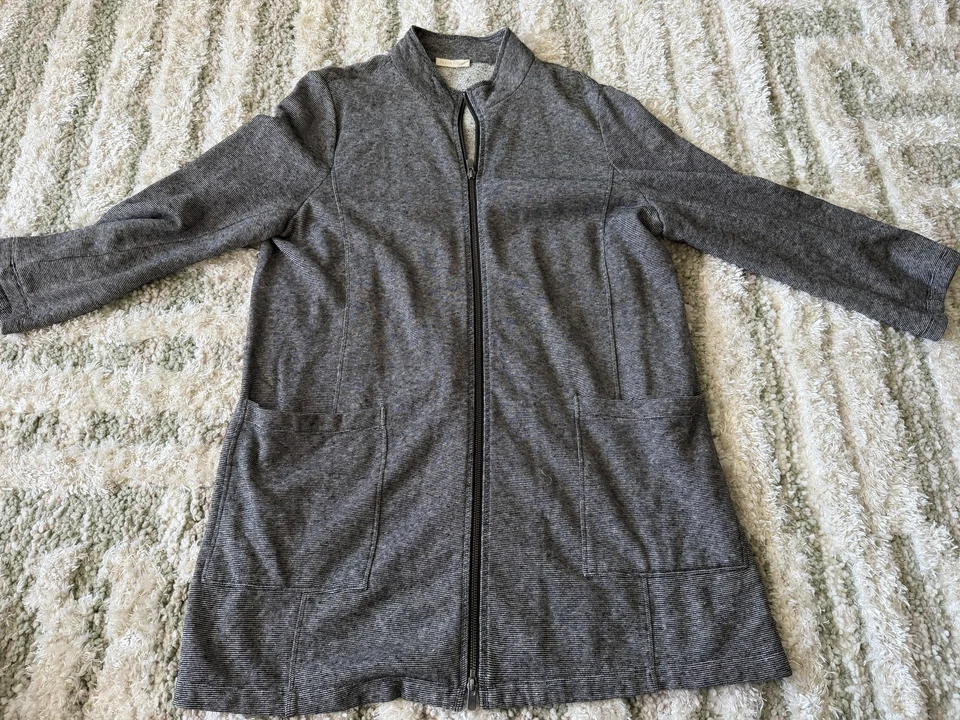 Chaqueta Eileen Fisher Mujer Gris Cremallera Frontal Longline Cáñamo Algodón Orgánico Bolsillos Foto 1 de 4