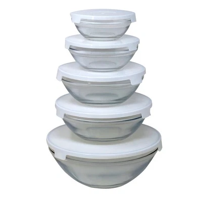 Glass Bowl Container Set 5-Piece White Lid Food Storage Salad Dishwasher Safe - Image 1 of 4