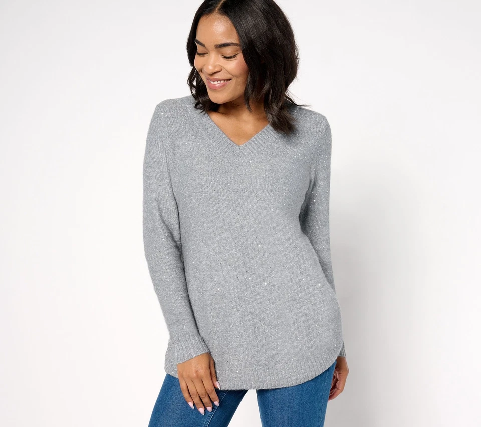 Suéter Denim & Co. Cuello en V Manga Larga Brillante Gris Jaspeado L Nuevo Foto 1 de 1
