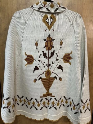 70s 80s Cream-Brown-Rust Tulips Knitted Shawl Poncho Cape JCPenney Hippie VTG - Image 1 of 4