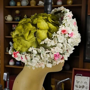 Sombrero Floral Vintage Sears Millinery con Caja Original Años 50 Verde y Blanco Primavera - Imagen 1 de 13