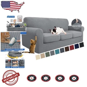 4PC Checkered Couch Cover Light Gray 71-91" Thickened Jacquard 3 Cushion - Picture 1 of 9