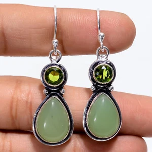 Peru Chalcedony Peridot Gemstone 925 Silver Handmade Earrings 1.7" ARE-2633 - Picture 1 of 3