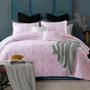 Cotton Rich Lightly Quilted Coverlet Set Floriade Pink - Picture 1 of 4