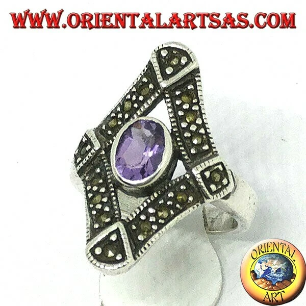 Anello in argento 925  a rombo con marcasite e ametista ovale naturale centrale - Immagine 1 di 1