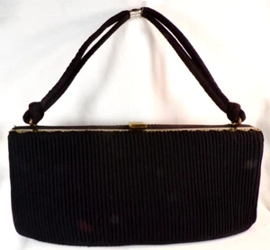 Black Evening Bag Purse Pleated Fabric Textured Goldtone Fittings Vintage - Picture 1 of 7