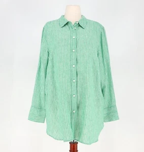 TALBOTS $100 Linen Boyfriend Shirt Firefly Stripe in Green Size XL - Picture 1 of 7