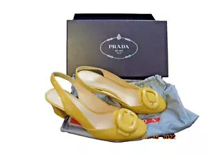 Prada Milano 36.5 FABULOUS Mustard Yellow Buckle Accent Sling Back Vernice boxed - Picture 1 of 10