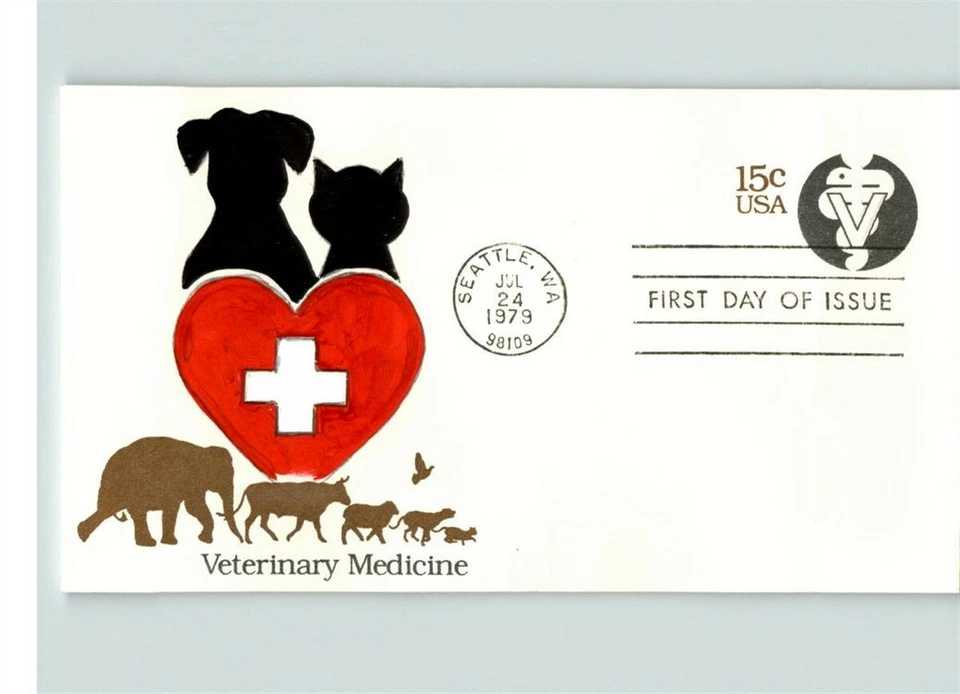 Hand Painted VETERINARY MEDICINE, # 1 of 1 made, 1979 Cat/ Dog, FDC - Image 1 of 1