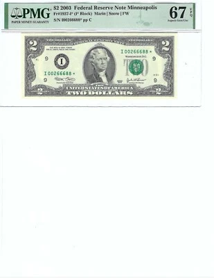 2003 $2 FRN FR1937-I* PMG 67 EPQ, Minneapolis * Note S/N I00266688*!!! - Image 1 of 2