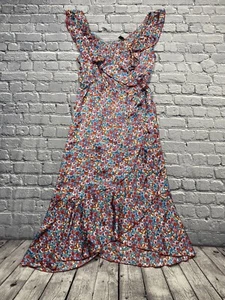 Lapis Faux Wrap Ruffle Dress Size L Multicolor Floral Coquette Fairy Cottagecore - Picture 1 of 12