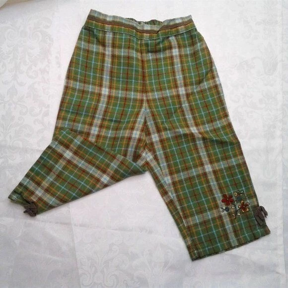 Arizona Baby Girl Elastic Waist Pants Moss Green Plaid Flowers Bows 12 Months - Image 1 of 4