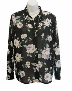 Sheer BLOUSE BLACK Shimmer Floral Shirt PETITE Size 12P 12 L Top Alfred Dunner - Picture 1 of 7