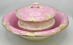 Vintage Pink Gold White Porcelain Wash Basin and Lidded 1 Handle Wash Pot ~16.5" - Picture 1 of 19