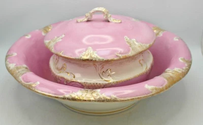 Vintage Pink Gold White Porcelain Wash Basin and Lidded 1 Handle Wash Pot ~16.5" - Image 1 of 4
