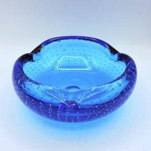 Murano Blue Glass Cigar Ashtray Bowl 7.5” Bullicante Controlled Bubbles - Picture 1 of 5
