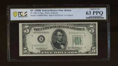 DBR 1950-B $5 FRN Boston Fr. 1963-A PCGS-B 63 PPQ Serial A90809784A - Image 1 of 2