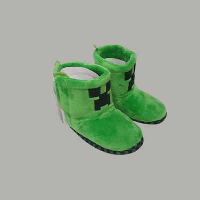 DIVAS WORLD Minecraft Creeper Plush Boots - Green Fleece Indoor Slippers for Kids & Adults