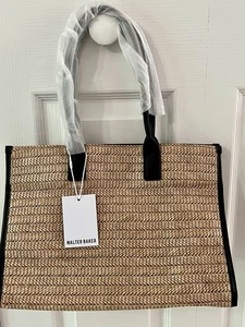 Borsa Walter Baker "Delaney" in rafia tessuto naturale con manici in pelle vegan NUOVA - Foto 1 di 7
