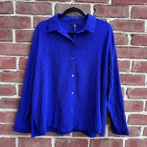 EILEEN FISHER $178 Classic Plisse Button-Up Shirt blue violet large - Picture 1 of 15