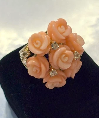 Designer GSJ Sterling Silver Coral Rose Bouquet & Zircon 925 Floral Ring sz 7 - Image 1 of 4