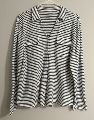 Talbots Womens Button Front Shirt Crocus Stripe XL White Blue Collared V-neck - Image 1 of 4