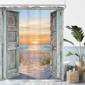 Beach Barn Door Shower Curtain 60Wx72H Inch Blue Ocean Beachy Nautical Coastal S - Picture 1 of 12