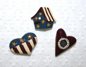 New Button Covers Set of 3 American Flag Heart Birdhouse folk art Americana - Picture 1 of 5