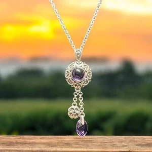 Genuine Purple Amethyst Pendant Necklace 925 Sterling Silver 18 inch chain - Picture 1 of 4