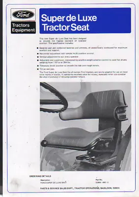 Ford Tractor Accessories:  Super De Luxe Tractor Seat Brochure Leaflet • 6.69€