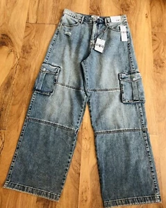 NWT Robert Rodriguez Women Washed Distressed Blue Jeans Wide Legs Cargo Size 8 - Picture 1 of 11