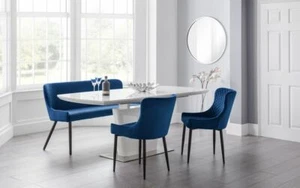 White Gloss Extending Dining Table & 2 Blue Velvet Chairs + 1 Bench CLERMONT - Picture 1 of 12