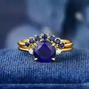 2.10 Ct Round Simulated Sapphire 14K Yellow Gold Plated Women Bridal Ring Set - Picture 1 of 7
