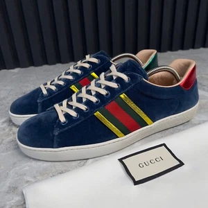 GUCCI Ace Web Foil Gold Low Top Sneakers Blue Velour 8 G or 8.5 US or 42 EUR - Picture 1 of 14