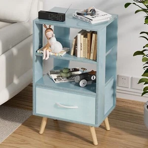 Blue Nightstand with Drawer, Nursery Side Table with Open Storage, 3-Tier - Picture 1 of 5