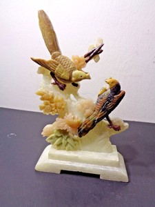 Vintage Chinese Hand Carved Soapstone 2 Birds on a Branch Sculpture (6 by 4 by 1