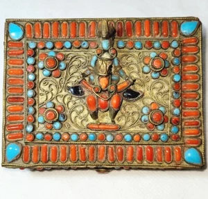 Antique Tibetan/Nepalese Brass Cloisonne/Box Turquoise Coral Inly/Vishnu Figure - Picture 1 of 24
