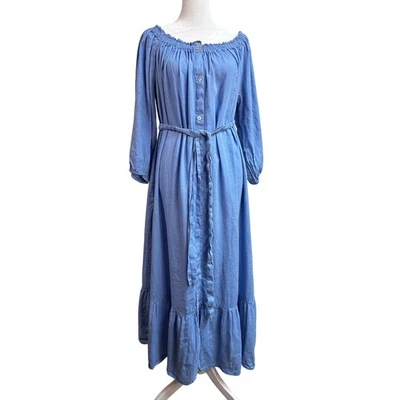 Zara Womens Nap Maxi Dress LongSleeve Button Down Belted Tiered Blue Linen Large - Image 1 of 4