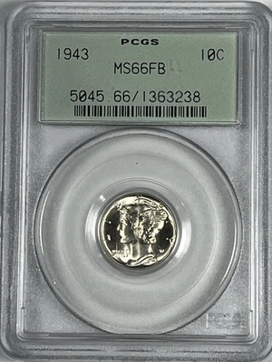 1943 Mercury Dime : PCGS  MS66FB  Blazing White  OGH - Image 1 of 4