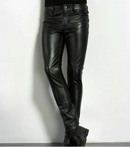 Mens Black Leather Trousers Motorbike Motorcycle Jeans Biker Cowhide Soft Pants - Picture 1 of 6