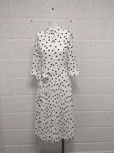 Hobbs Polka Dot Dress White Navy Blue Spot Pleated Skirt Collared Button Up UK 8 - Picture 1 of 7