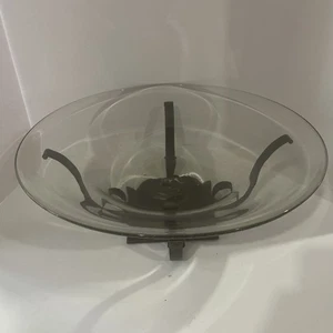 Jan Barboglio Large Hand Blown Glass Dish Bowl 18” Forged Iron Stand Marked - Picture 1 of 11