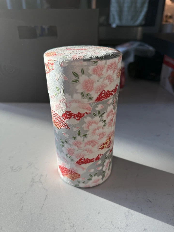 Japanese Floral Tea Canister – Washi Paper Wrapped, Airtight Tin - Image 1 of 4