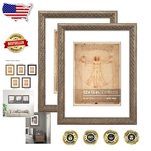 Elegant 12x16 Antique Silver Grey Picture Frame Set with Mat for 9x12 Photos - Picture 1 of 9