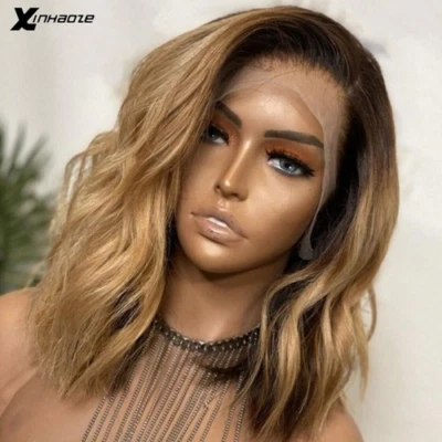 Ombre Blonde #1b/27 Human Hair Wigs Short Bob Brazilian 13x4 Lace Front 5x5 Silk - Image 1 of 4