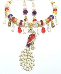 Sparkly Crystal Pearl 4" Peacock Pendant Necklace Earrings One of a Kind - Picture 1 of 7