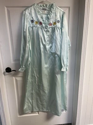 Vtg 70s Night Gown House Coat Styled By Saybury M Long Blue Satin Robe Embroider - Image 1 of 4