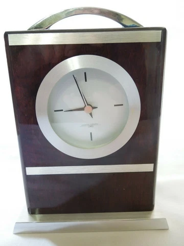 Jorg Gray Quartz Desk Clock Mahogany Wood with Chrome & Brushed Aluminum Accents Cover
