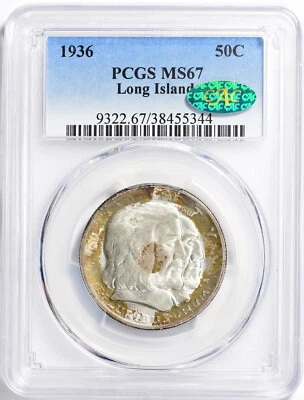 1936 Long Island Tercentenary Half Dollar MS-67 PCGS/CAC Cert - Tab Toning! - Image 1 of 4